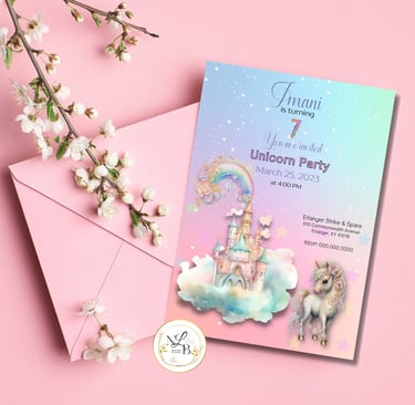 Rainbow unicorn birthday party invitation and envelope