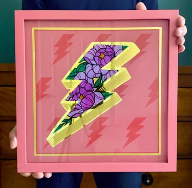 Lightning bolt gilded on glass with 23ct gold leaf and hand painted traditional tattoo style peony flowers with pink frame