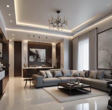 A modern interior room with a minimalistic design. There is a round wooden table with white chairs around it, set against a dark green wall. A round mirror is mounted on the wall, reflecting part of the window. A small potted plant sits on a wall shelf, and a pair of nesting tables are positioned in the foreground on a wooden parquet floor.