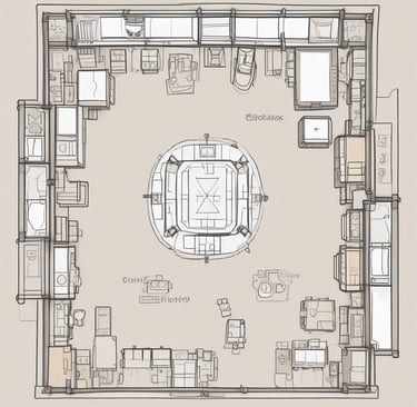 a drawing of a living room with a dining room and kitchen