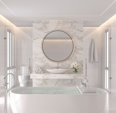 a bathroom with a tub tub and a large mirror