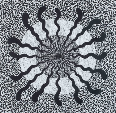 Flame-like white spirals in black creating concentric sacred illusion