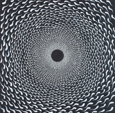 Radiating spiral circles with centered spiritual core in black and white by Adib Haddad