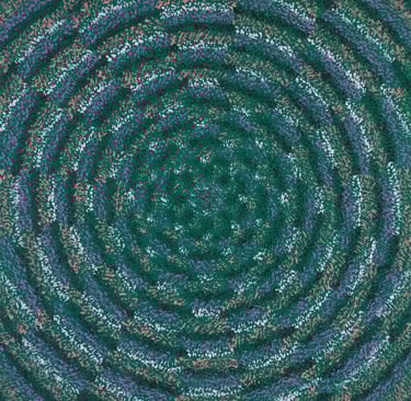 Green spiral acrylic painting with optical illusion, spiritual vibration, and inward energy