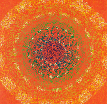 Orange circular field with mosaic illusion effect – Chaotic Order series by Adib Haddad