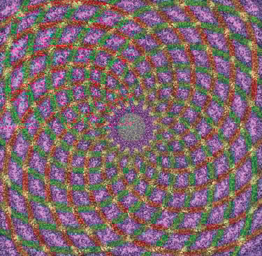 Chromatic spiral radiating from golden spiritual core with mosaic flow