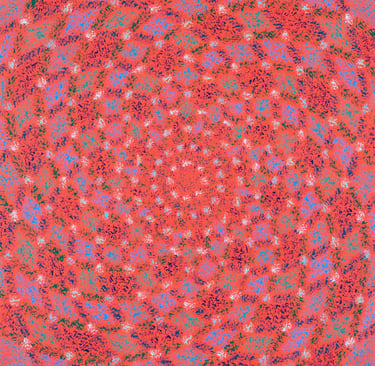 Red spiral mosaic in floral bloom with radiating harmonic geometry
