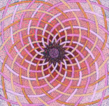 Red spiral mosaic with spiritual vibration, from light edges to dark core