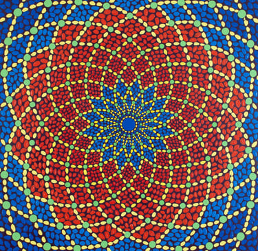 Blue, red, yellow spiral flowing inward with sacred geometry by Adib Haddad