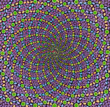 Violet spiral mosaic flowing to black meditative center by Adib Haddad