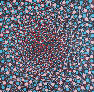 Blue and pink mosaic spiral with sacred geometry and inward motion by Adib Haddad