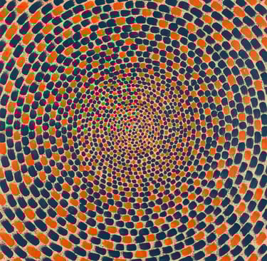 Orange and blue vortex spiral with inward optical pull and harmonic geometry by Adib Haddad