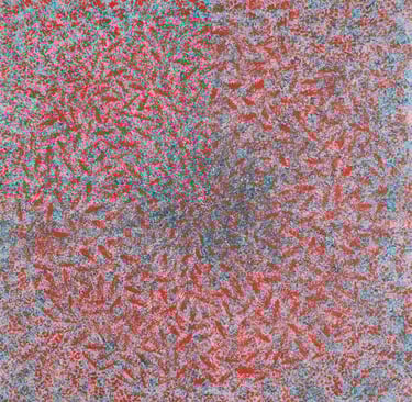 Red concentric mosaic brush strokes radiating spiritual vibration and energy