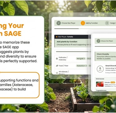 SAGE permaculture garden planning app showing guild design interface with star player tomato selecte