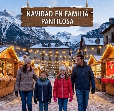 Navidad en Panticosa: familia disfrutando de la nieve y las luces festivas en Panticosa
