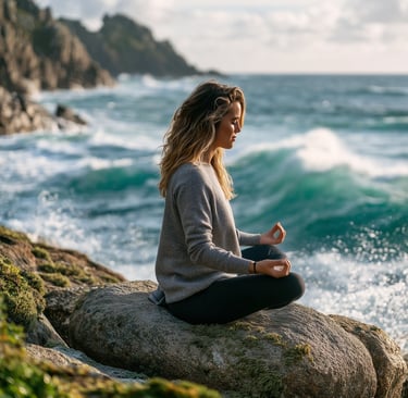 woman in a grey sweater sits in meditation on a moss-covered granite boulder, doing self-reiki