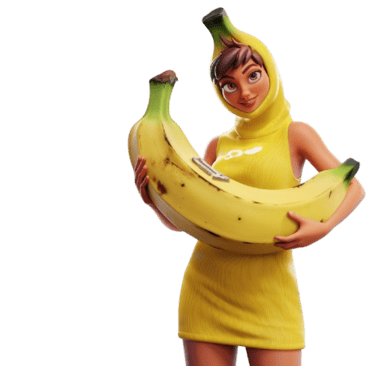 a woman in a yellow dress holding a banana peeler