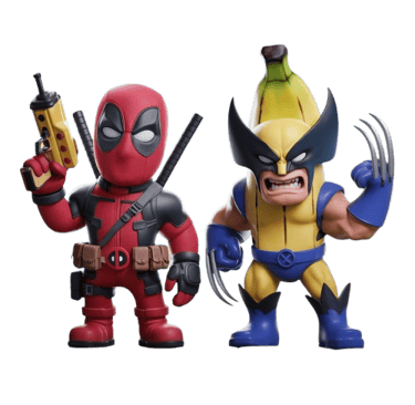 two figurines of a banana banana and a banana peeler