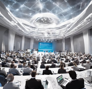 a conference room with a large screen displaying a presentation