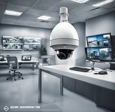 a camera mounted on a desk in a room with screens monitoring other cameras