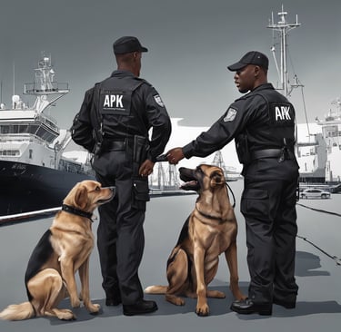 two men in apk security company uniforms standing next to a ship with their special dogs