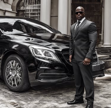a man in a black suit and tie standing in front of a car to protecting the back house and the car
