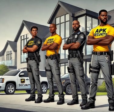 a group of apk security officers standing in front of a house with apk security car