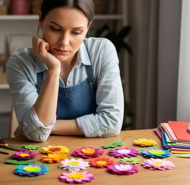 a woman sitting at a table with a bunch of flowers