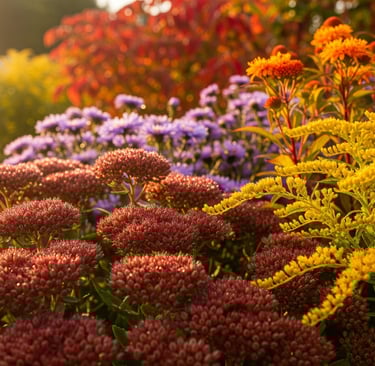 a bunch of fall blooming flowers in a garden