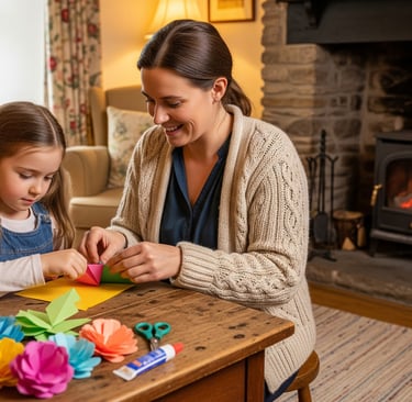 a woman and her daughter are folding a paper flower