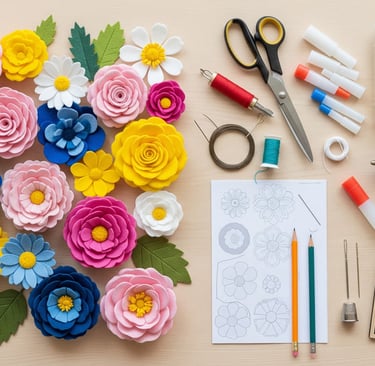 a bunch of paper flowers and scissors on a table
