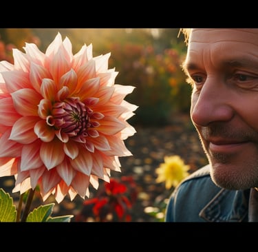 a man with a beard and a flower in a field