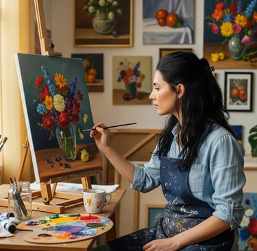 a woman in a blue dress is painting a flower