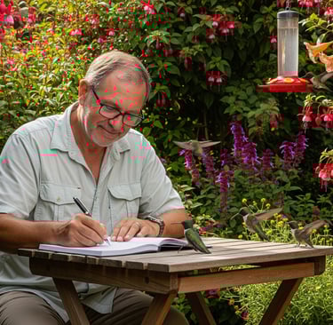 a man sitting at a table with a notebook and pen