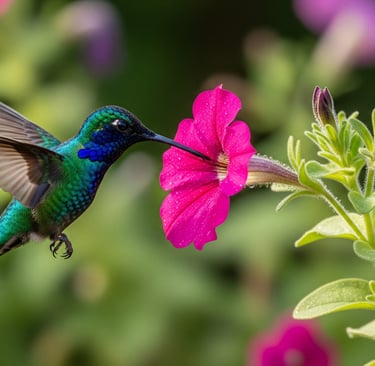 a hummingbird in flight with a flower in the foreground