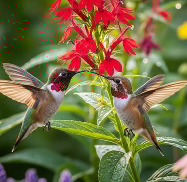 two hummingbirds in flight, one is feeding the other