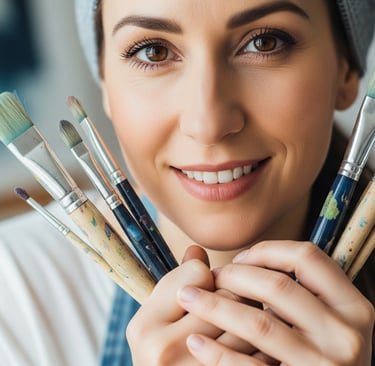 a woman holding a bunch of paintbrushes in her hands