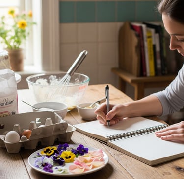 a woman is writing on a notebook while sitting at a table