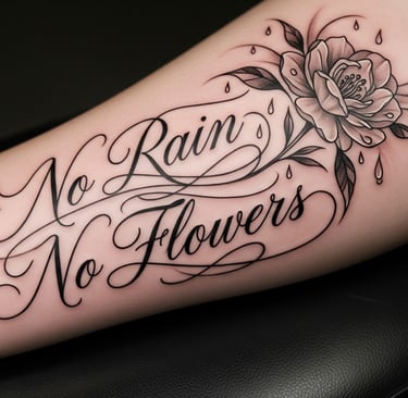 no rain no flowers tattoo on the arm of a woman's arm