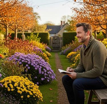 a man sitting on a bench in a garden