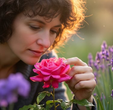 a woman is looking at a rose in a field
