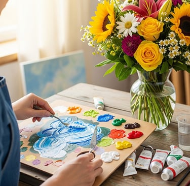 a woman is painting with a palette palette