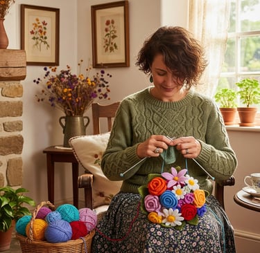 a woman sitting in a chair with a basket of flowers