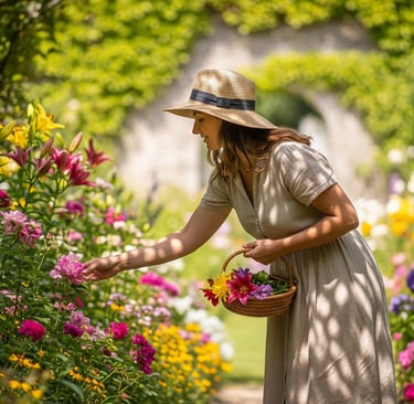 a woman in a hat and dress dress is holding a basket with flowers