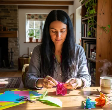 a woman sitting at a table folding a paper flower