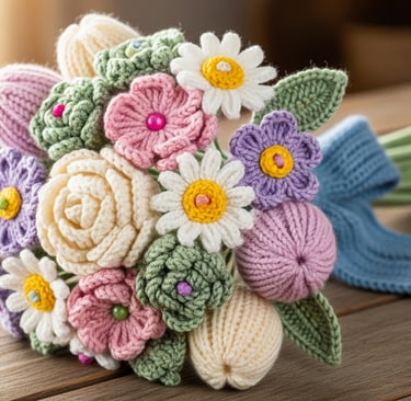 knitted flowers bouquet on wooden table