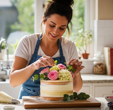 a woman in a blue apron and aprons is making a cake