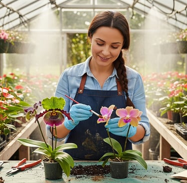 a woman in a greenhouse breeding hybrid flowers