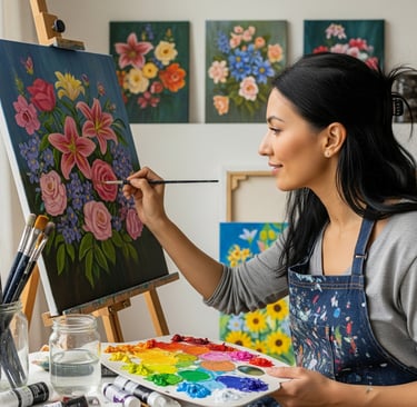 a woman is painting a flower arrangement on a table
