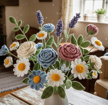 a vase with crochet flowers in a vase